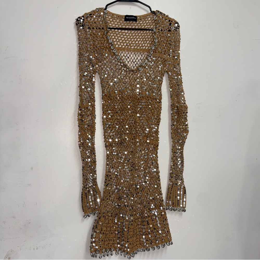 Retrofête Sequin Crochet Shell Embellished Dress Crochet Beach Dress bikinicover - Picture 3 of 9